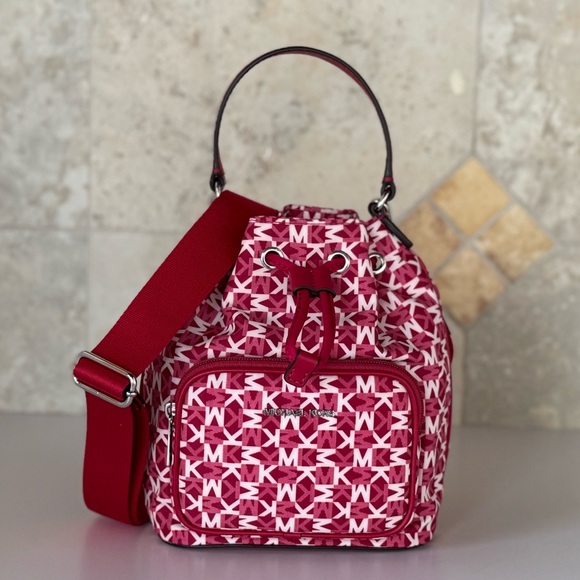Michael Kors Khai SM Bucket Crossbody Nylon Bag MK Dark Raspberry - Picture 1 of 13